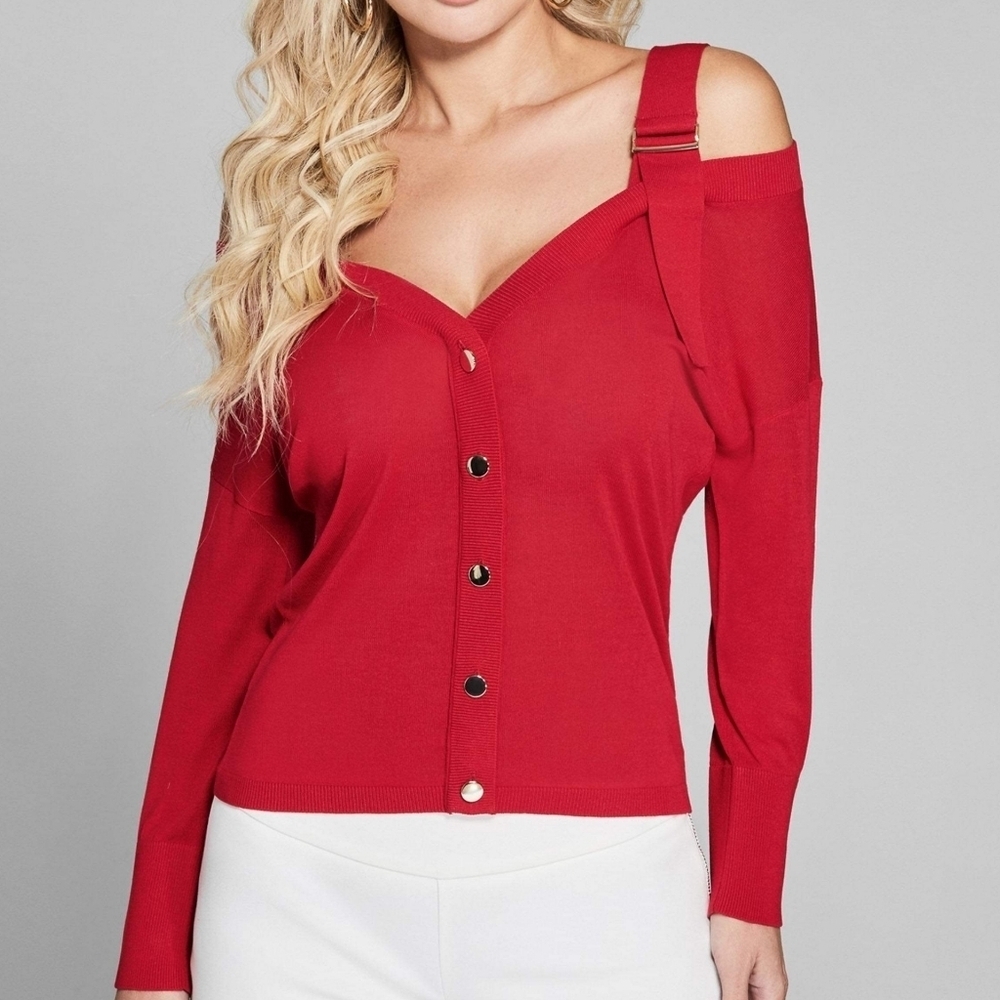 New GUESS BY MARCIANO Gloria Open Shoulder Cardigan BLACK